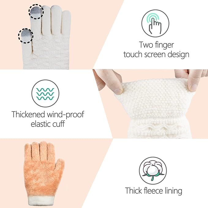 White Thermal Knitted Wool Touchscreen Mittens for Women with Fleece Lining, Thumb and Index Finger Compatibility for Smartphone and Tablet Use in Winter