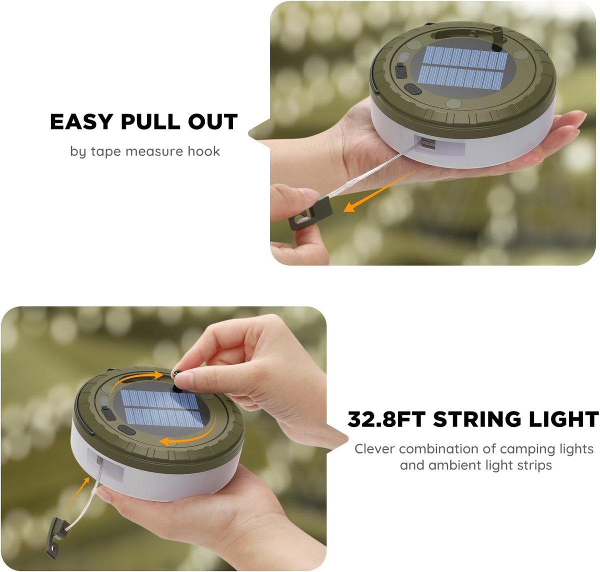 Camping Lamp, 2-in-1 Rechargeable Outdoor Lamp, Solar Power and USB Charging Function