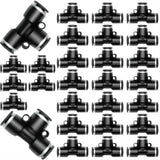 28 Pieces 1/4 Push to Connect Pneumatic Tee Union Fittings, Plastic T Shaped Quick Connect Air Hose Fittings for Air Line, Black 1/4 Inch OD