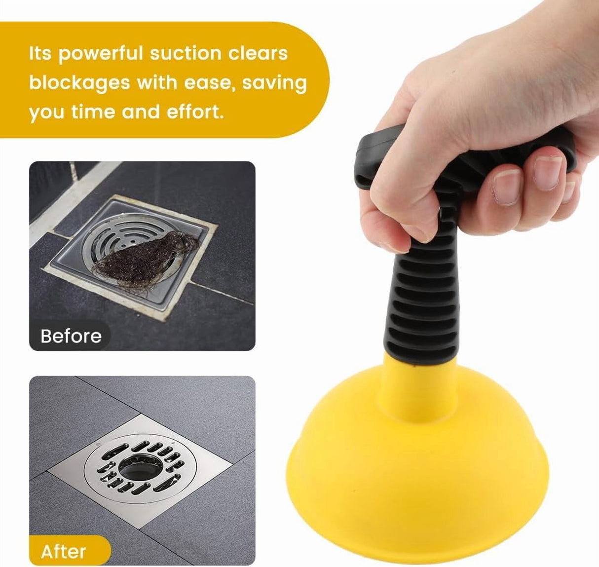 Sink Plunger Drain Clog Remover with Mini Short Handle, Easy Unclogging Tool for Kitchen Sink, Bathroom Toilet, Shower Tub, Yellow