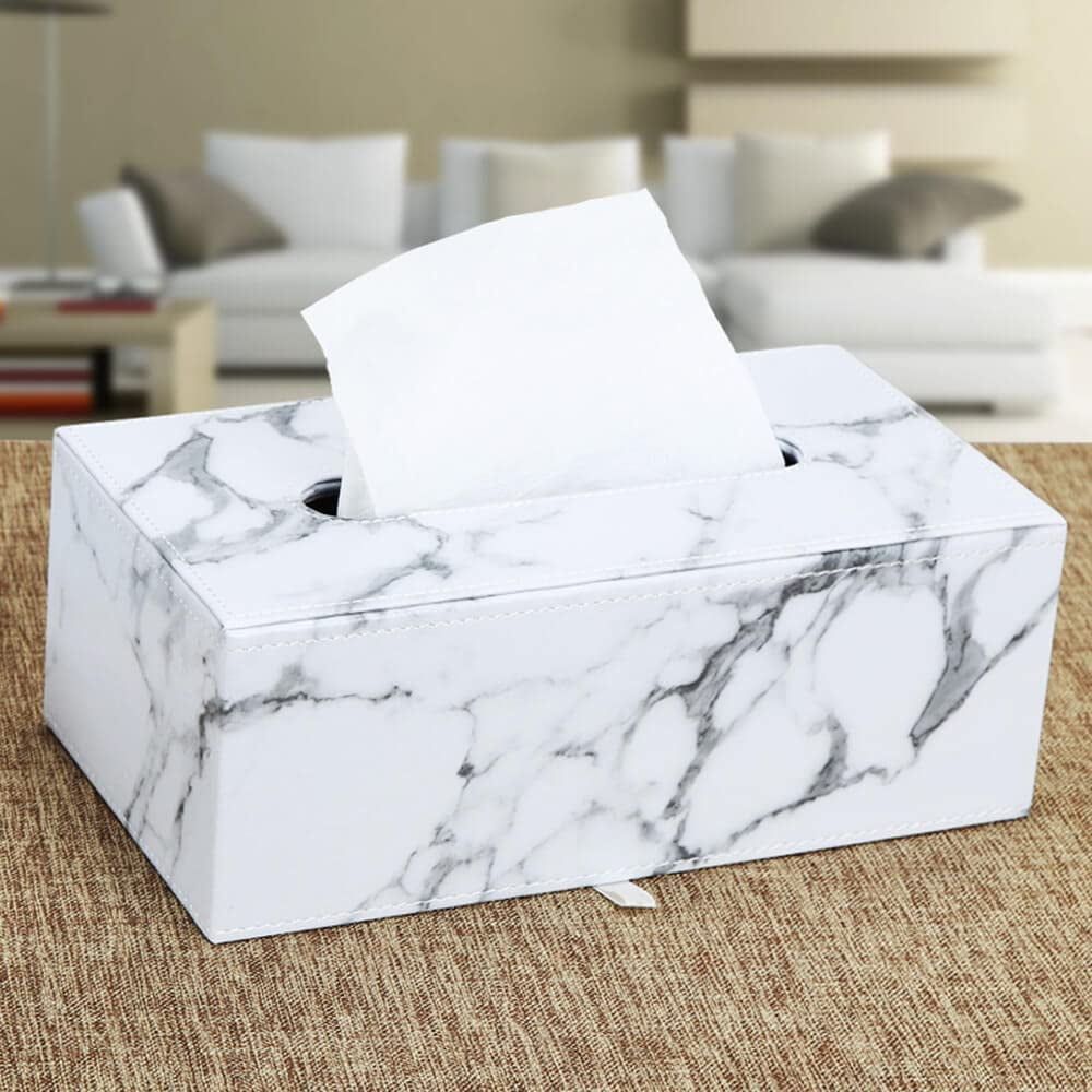 Leather Tissue Box Holder Waterproof Rectangular Tissue Box Cover for Home Office Car Decor White Marble Pattern