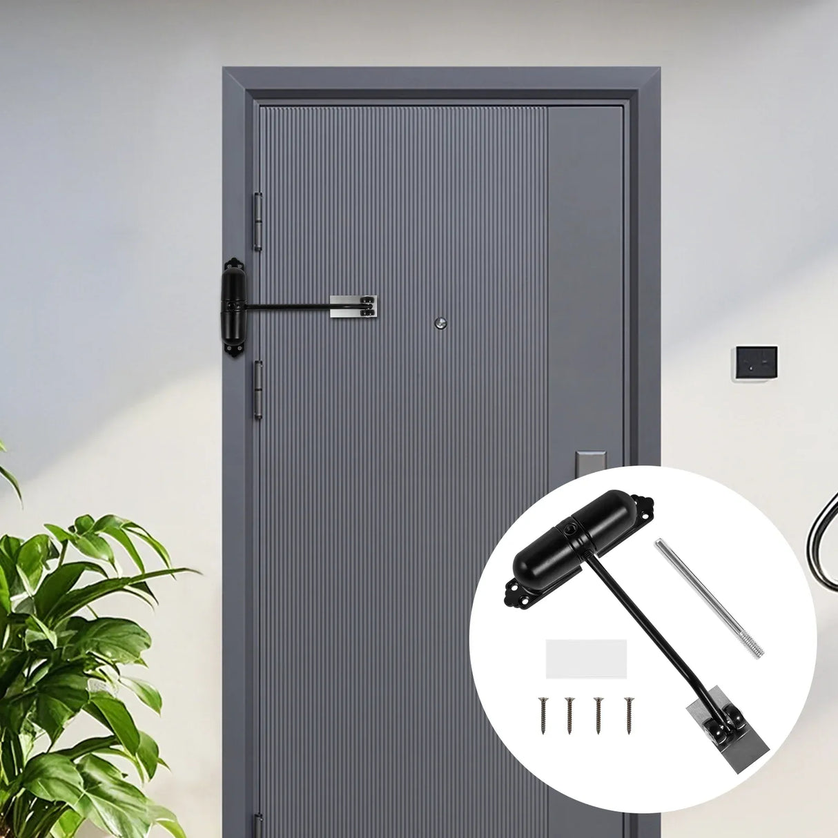 Automatic Double Spring Door Closer, Adjustable Heavy Duty Aluminum Alloy Safety Latch for Home Doors, Black, Aluminum Construction