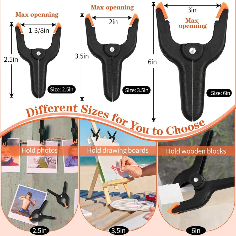 Plastic Spring Clamps Heavy Duty 6 Inch Backdrop Clips for Woodworking and Photography, Black, 12 Pack, Durable Plastic Construction