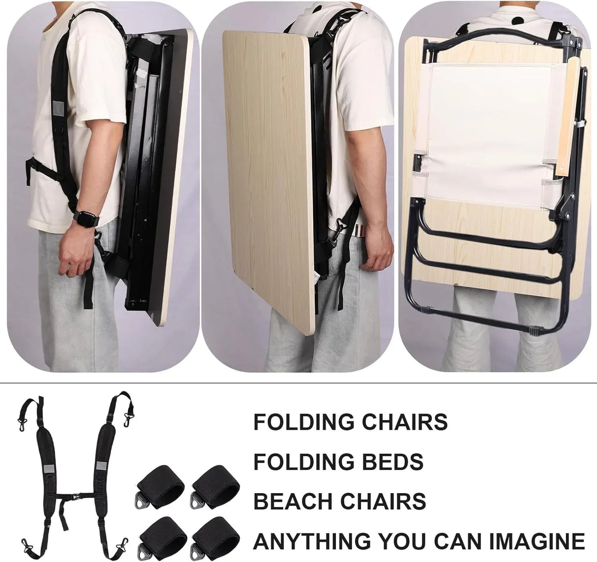 Adjustable Beach Chair Backpack Straps, Replacement Shoulder Carry Bands for Folding Beds, Backpacks and Outdoor Gear, Black