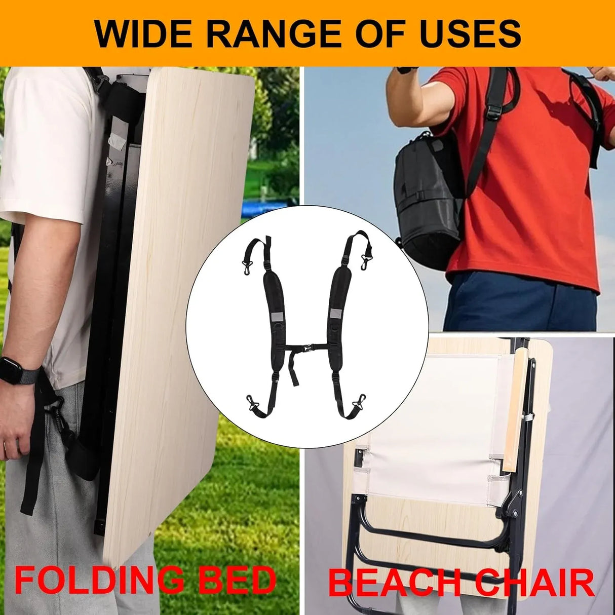 Adjustable Beach Chair Backpack Straps, Replacement Shoulder Carry Bands for Folding Beds, Backpacks and Outdoor Gear, Black