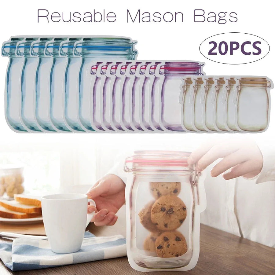 20 Pack Mason Jar Ziploc Bags Reusable Waterproof Food Storage Pouches for Kitchen Travel Large, Waterproof Design