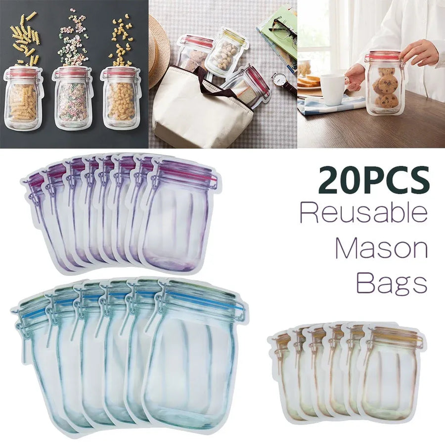 20 Pack Mason Jar Ziploc Bags Reusable Waterproof Food Storage Pouches for Kitchen Travel Large, Waterproof Design