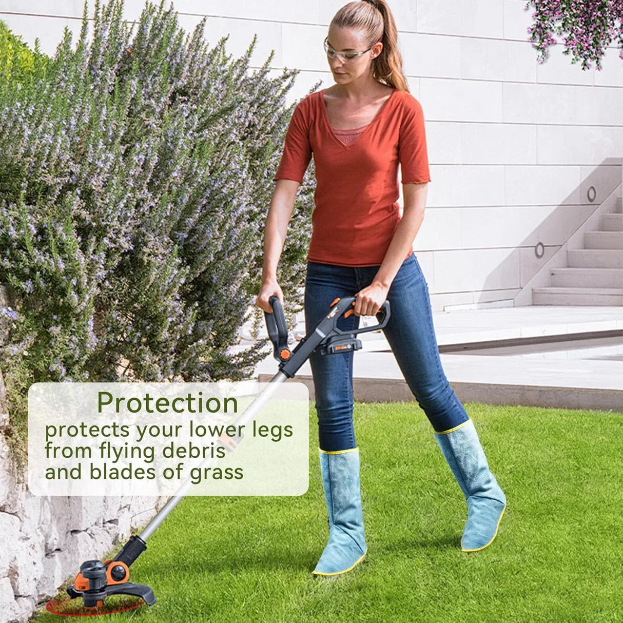 Weed Trimmer Leg Gaiters Adjustable Cowhide Protective Guards for Men Women Gardening Lawn Care Blue, Adjustable Design