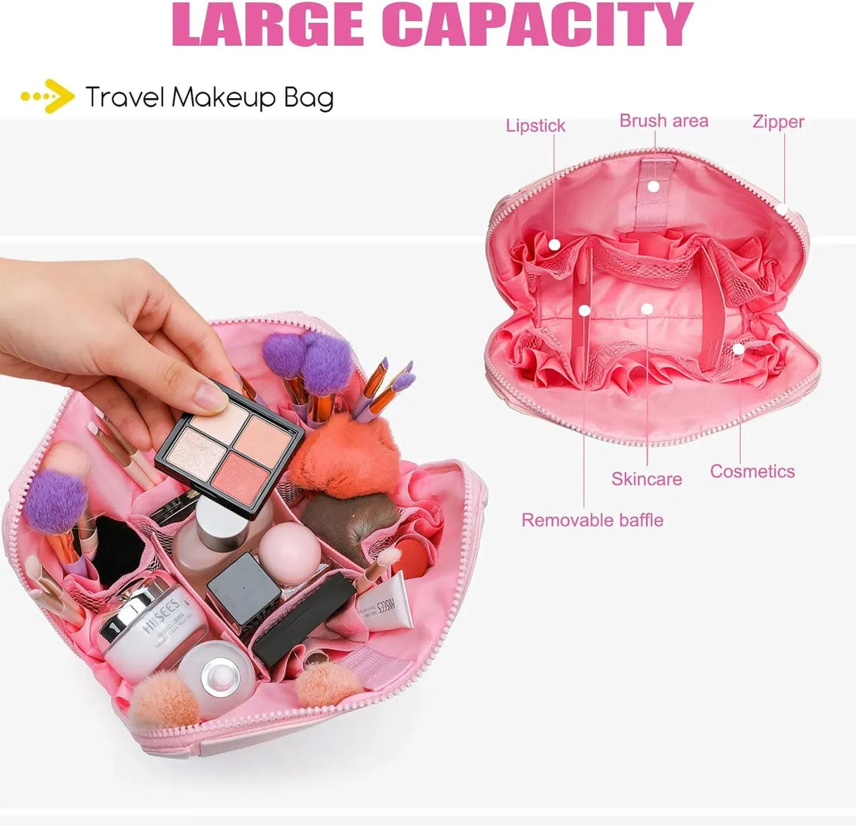Travel Makeup Bag for Women, Foldable Waterproof Toiletry Organizer with Compartments for Skincare and Toiletries, Pink