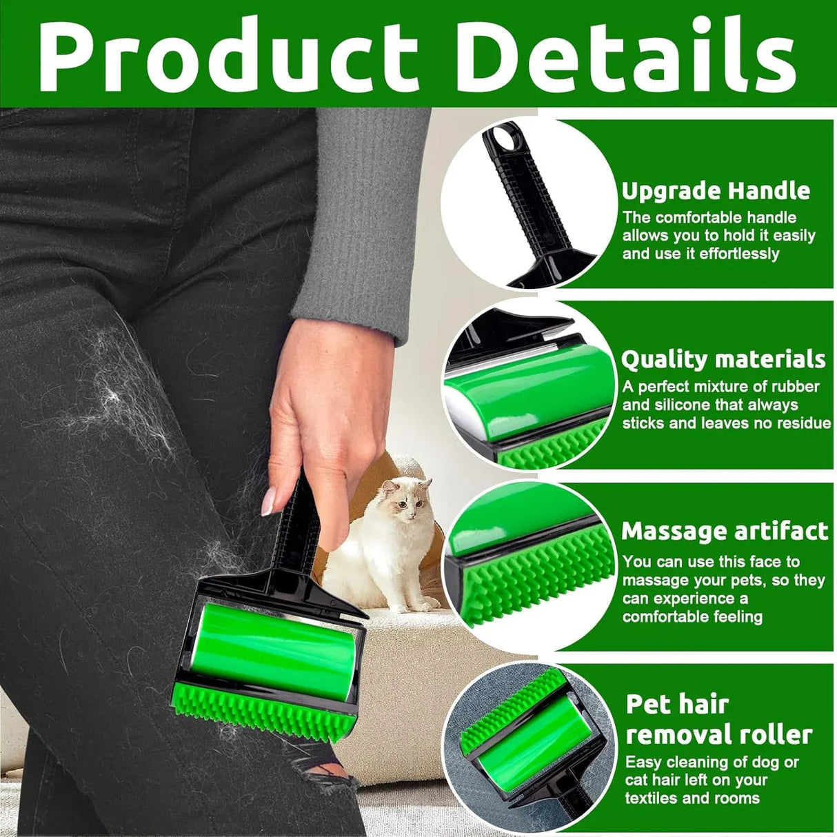 3 In 1 Pet Hair Remover, Reusable Washable Silicone Lint Roller for Couches Carpets and Clothing, Green Black, Daily Comfort Use