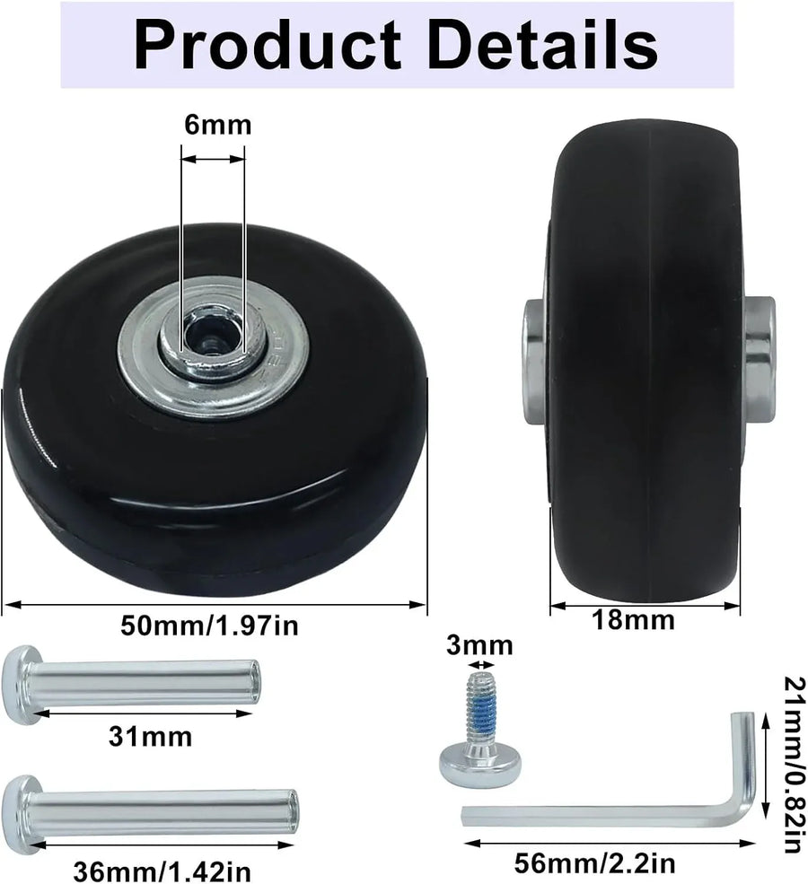 Luggage Replacement Wheels, Rubber Suitcase Repair Caster Kit with Ball Bearings for Travel Luggage, Heavy Duty, 50 x 18 mm, 4 Pack