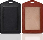 2 Pack Genuine Leather ID Badge Holders, Vertical Single Sided Clear Window for Office Staff and Employees, Brown Black