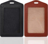 2 Pack Genuine Leather ID Badge Holders, Vertical Single Sided Clear Window for Office Staff and Employees, Brown Black