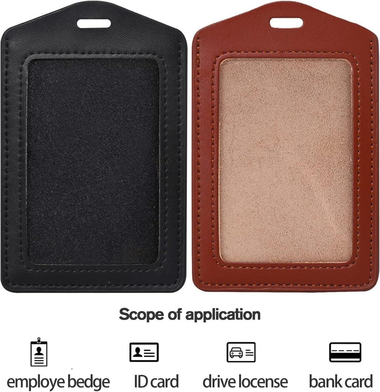 2 Pack Genuine Leather ID Badge Holders, Vertical Single Sided Clear Window for Office Staff and Employees, Brown Black