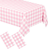 2 Pack Rectangular Plastic Tablecloth, Disposable Pink and White Gingham Checkered Table Cover for Parties, Picnics and Weddings, 54 x 108 Inch