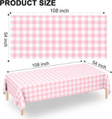 2 Pack Rectangular Plastic Tablecloth, Disposable Pink and White Gingham Checkered Table Cover for Parties, Picnics and Weddings, 54 x 108 Inch - Front View