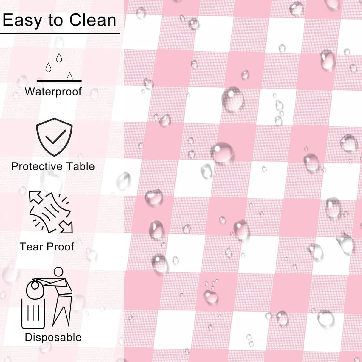 2 Pack Rectangular Plastic Tablecloth, Disposable Pink and White Gingham Checkered Table Cover for Parties, Picnics and Weddings, 54 x 108 Inch