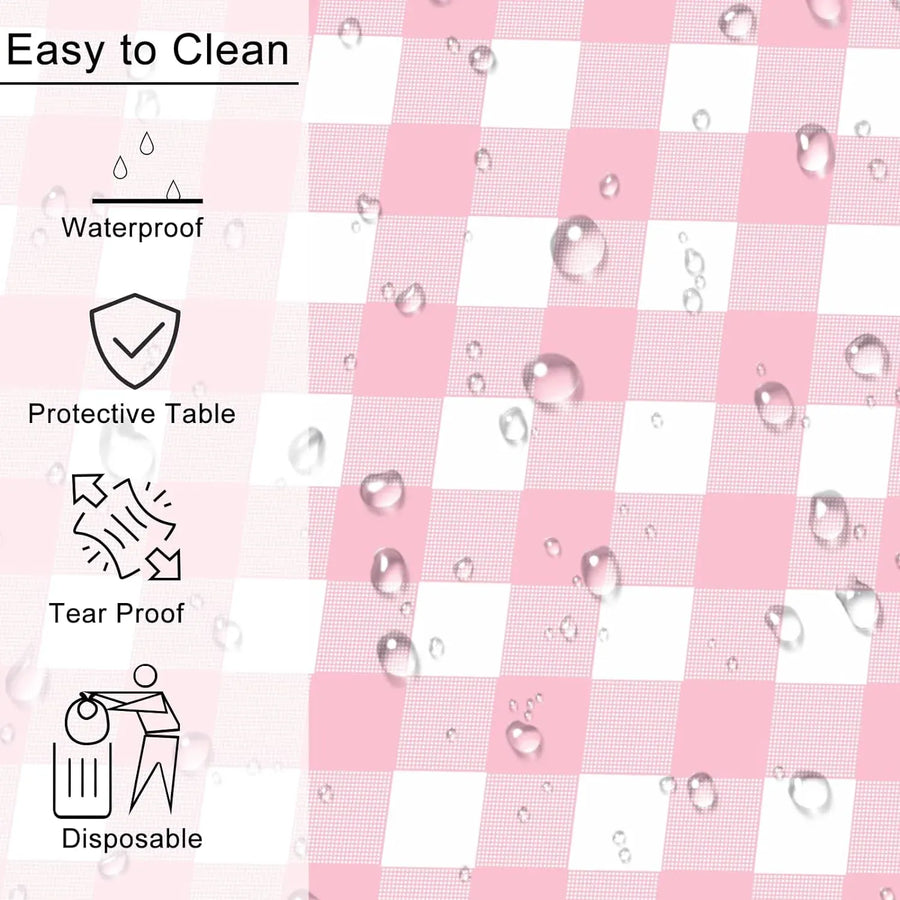 2 Pack Rectangular Plastic Tablecloth, Disposable Pink and White Gingham Checkered Table Cover for Parties, Picnics and Weddings, 54 x 108 Inch