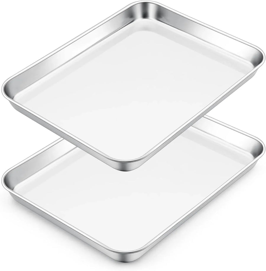 Stainless Steel Toaster Oven Trays, 2 Pack Small Non Toxic Baking Cookie Sheets for Cake Baking, Dishwasher Safe, 9.4"x7.3" Size
