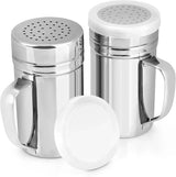 2 Pack Stainless Steel Salt and Pepper Dredge Shakers with Handle and Spice Lids for Kitchen and Dining 14 Ounce