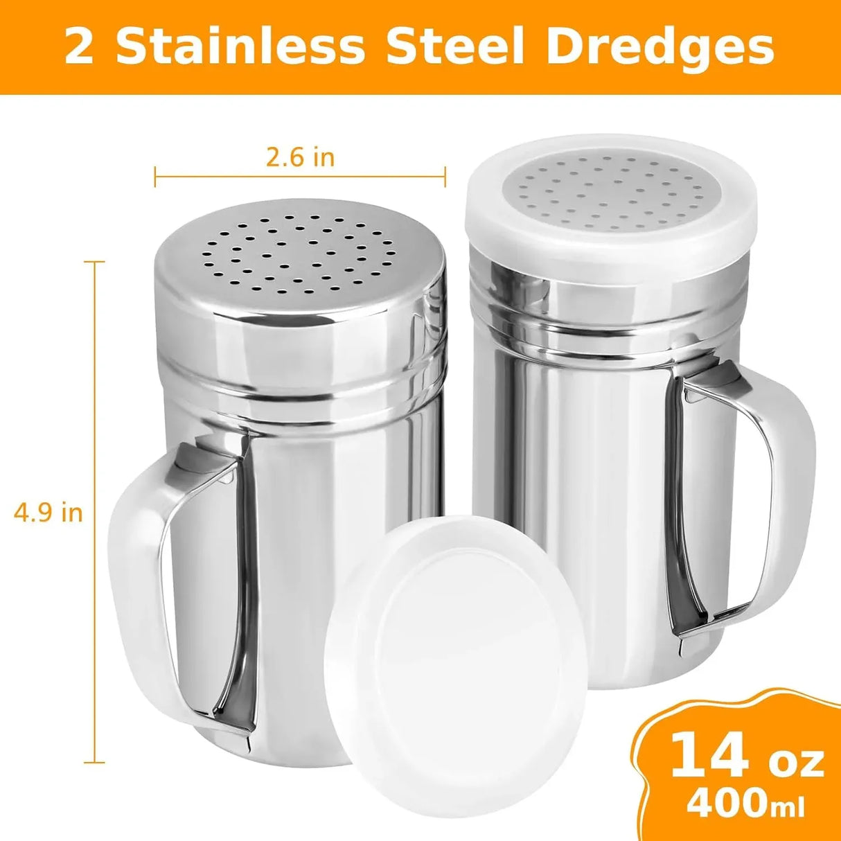2 Pack Stainless Steel Salt and Pepper Dredge Shakers with Handle and Spice Lids for Kitchen and Dining 14 Ounce