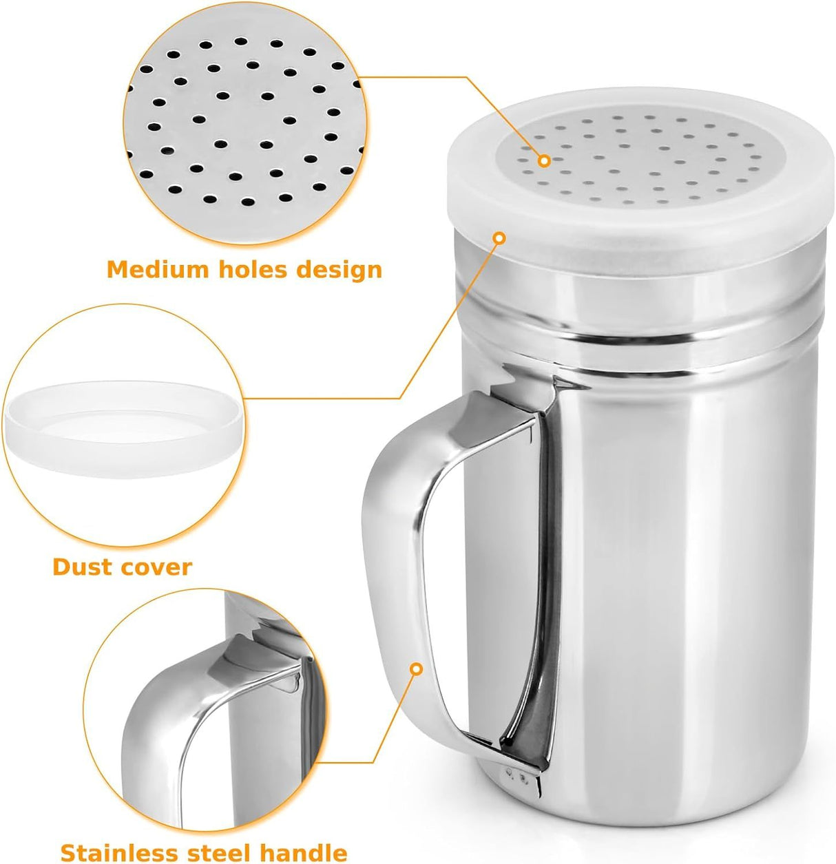 2 Pack Stainless Steel Salt and Pepper Dredge Shakers with Handle and Spice Lids for Kitchen and Dining 14 Ounce