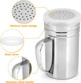 2 Pack Stainless Steel Salt and Pepper Dredge Shakers with Handle and Spice Lids for Kitchen and Dining 14 Ounce