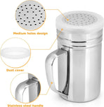 2 Pack Stainless Steel Salt and Pepper Dredge Shakers with Handle and Spice Lids for Kitchen and Dining 14 Ounce
