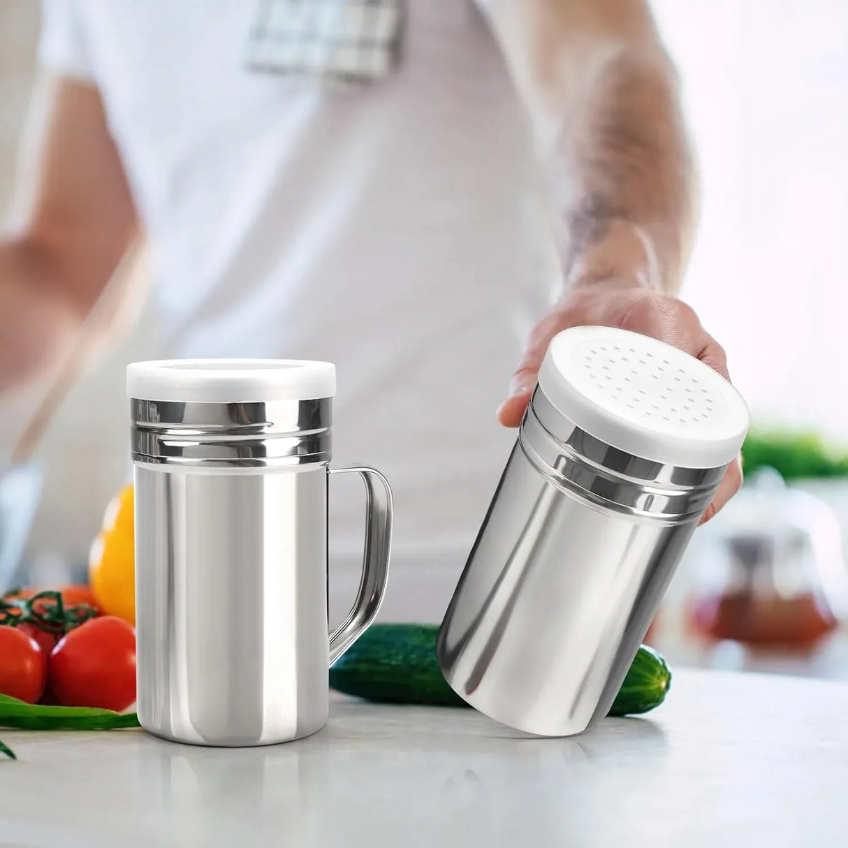 2 Pack Stainless Steel Salt and Pepper Dredge Shakers with Handle and Spice Lids for Kitchen and Dining 14 Ounce
