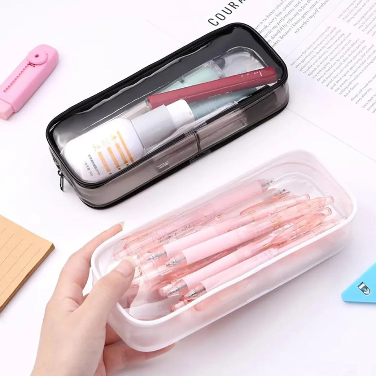 2 Pcs Clear Zipper Makeup Brush Bags Multi Use Toiletry Cosmetic Pouches for Travel and Luggage, Black and White
