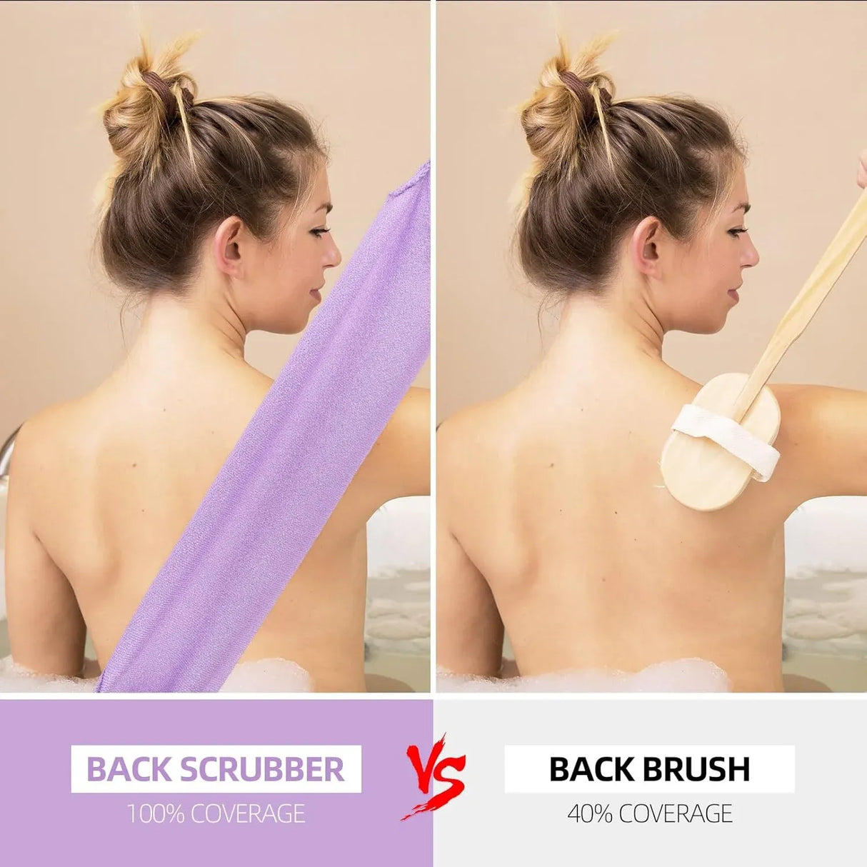 2 Pcs Exfoliating Back Scrubber Towel with Handles, Nylon Body Washcloth for Shower, Men Women, Purple, Daily Comfort Use