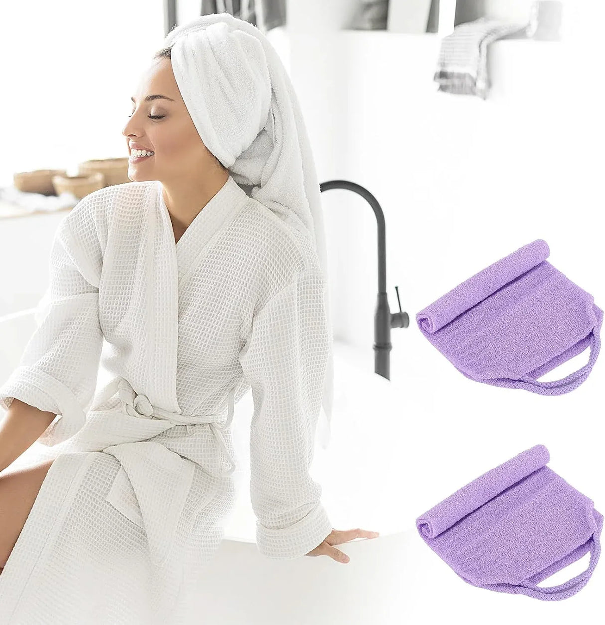 2 Pcs Exfoliating Back Scrubber Towel with Handles, Nylon Body Washcloth for Shower, Men Women, Purple, Daily Comfort Use