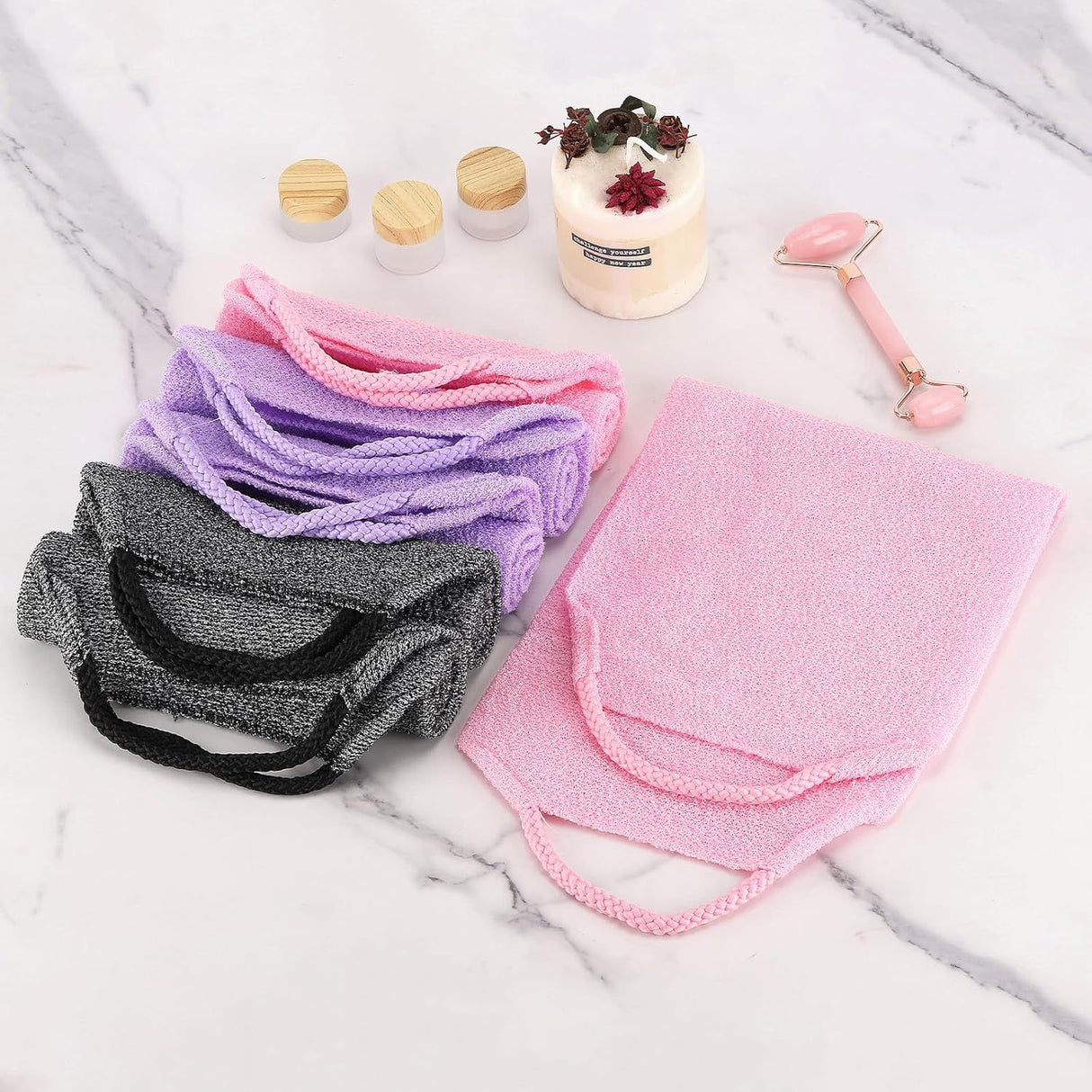 2 Pcs Exfoliating Back Scrubber Towel with Handles, Nylon Body Washcloth for Shower, Men Women, Purple, Daily Comfort Use