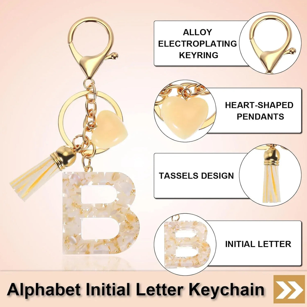 Initial B Keychain with Tassel and Bead Charm for Bag Purse Backpack Keys, Gold Tone Beige, Daily Comfort Use, for Men Women and Everyday Wear