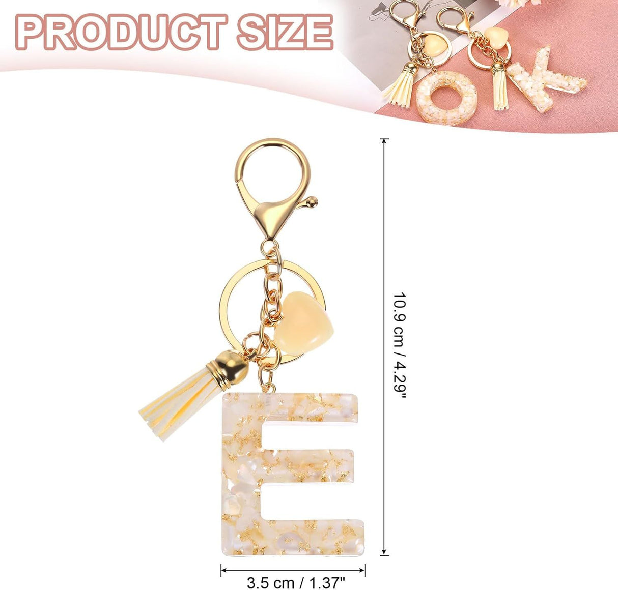 Initial Letter Keychain with Tassel and Lobster Clasp for Bags Keys and Gifts, Cream Gold E, Letter E Option, Daily Comfort Use