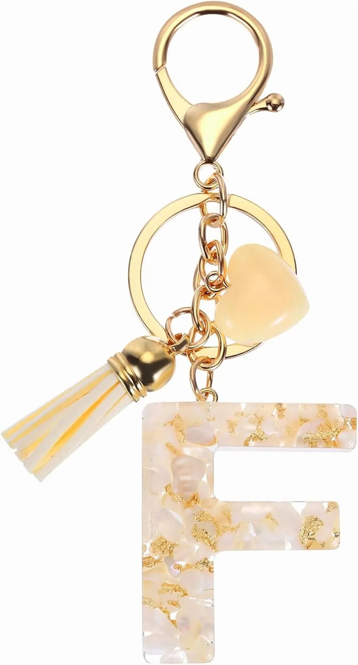 Letter F Keychain Charm with Tassel and Lobster Clasp for Bag Purse Keys, Pearl White and Gold, Daily Comfort Use