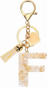 Letter F Keychain Charm with Tassel and Lobster Clasp for Bag Purse Keys, Pearl White and Gold, Daily Comfort Use