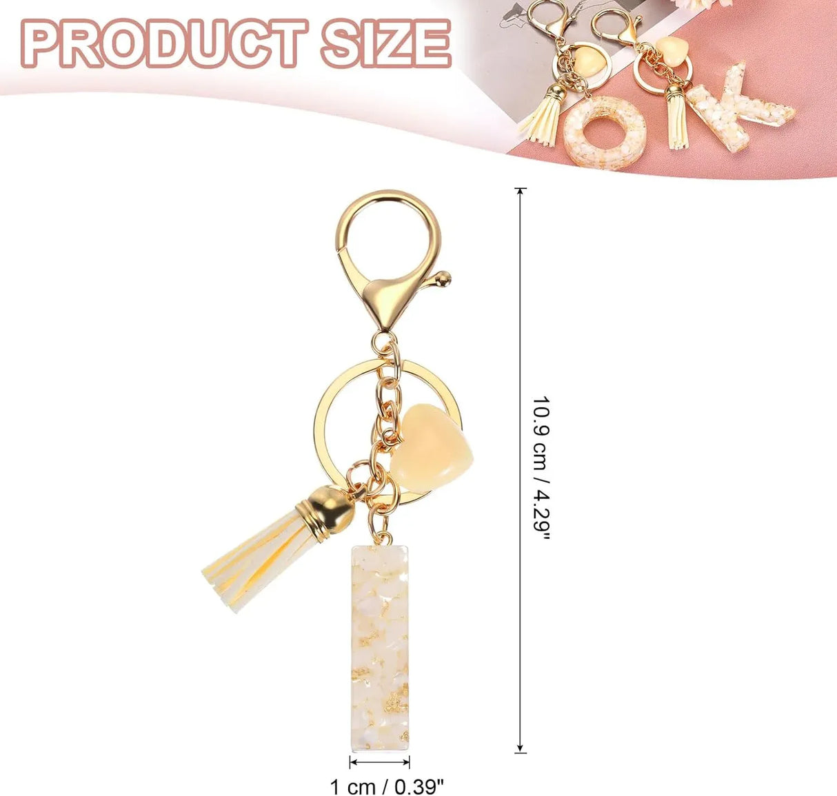 Tassel Keychain with Resin Bar Pendant and Lobster Clasp for Bag Purse Car Keys, Gold White, Letter I Option, Daily Comfort Use