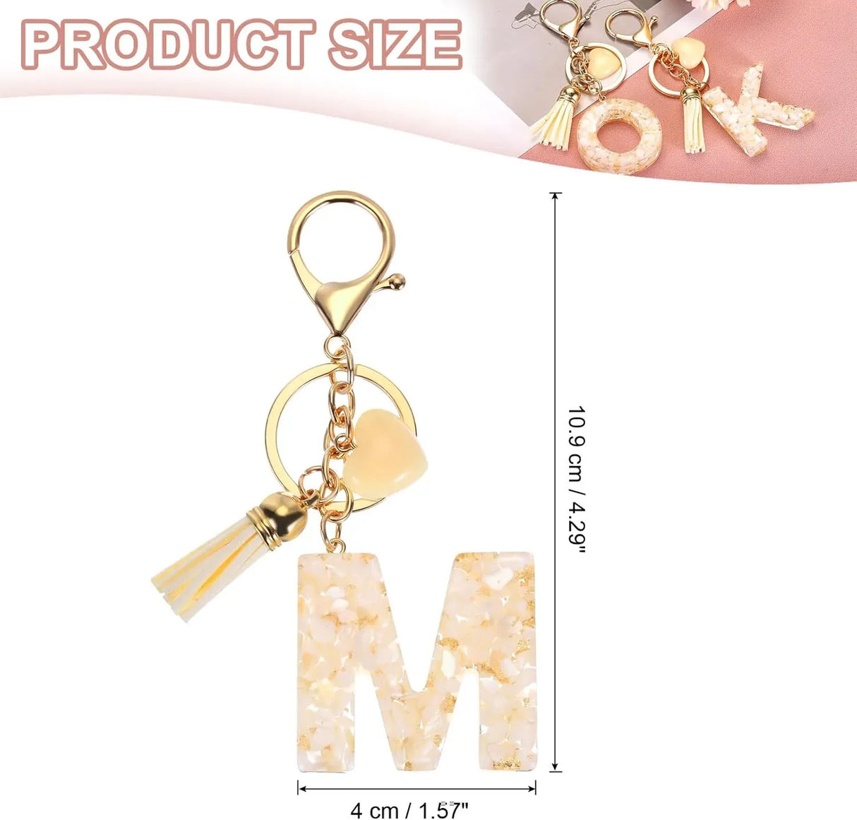Initial Letter Keychain with Tassel and Gold Tone Clasp for Bags and Keys Cream Gold M, Letter M Option, Daily Comfort Use