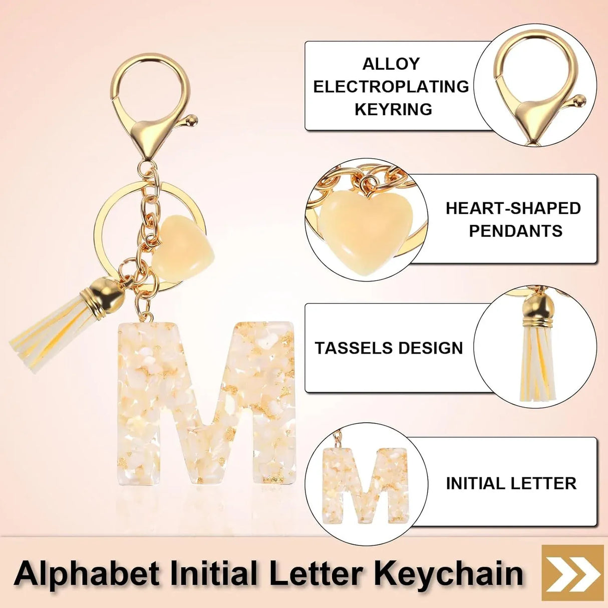 Initial Letter Keychain with Tassel and Gold Tone Clasp for Bags and Keys Cream Gold M, Letter M Option, Daily Comfort Use