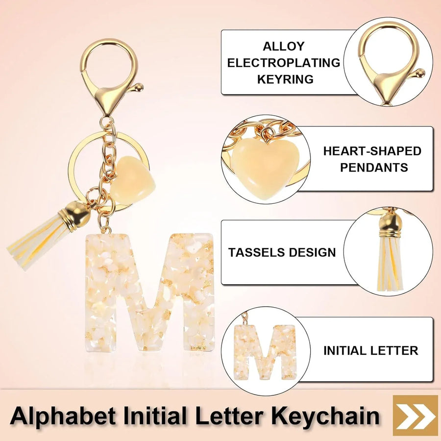 Initial Letter Keychain with Tassel and Gold Tone Clasp for Bags and Keys Cream Gold M, Letter M Option, Daily Comfort Use