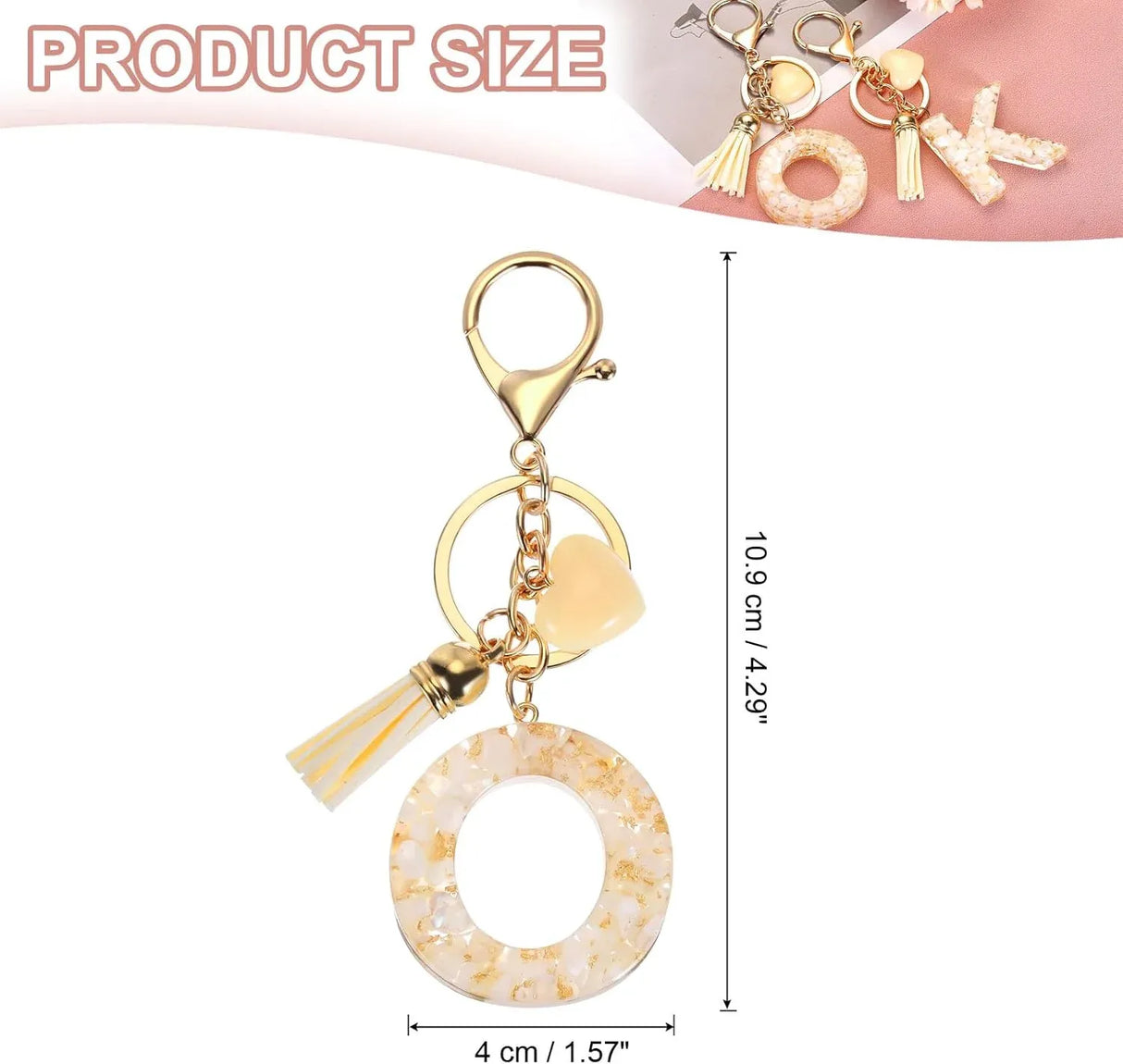 Resin Circle Keychain with Tassel and Lobster Clasp for Women Bags and Car Keys Cream Gold Tone, Letter O Option