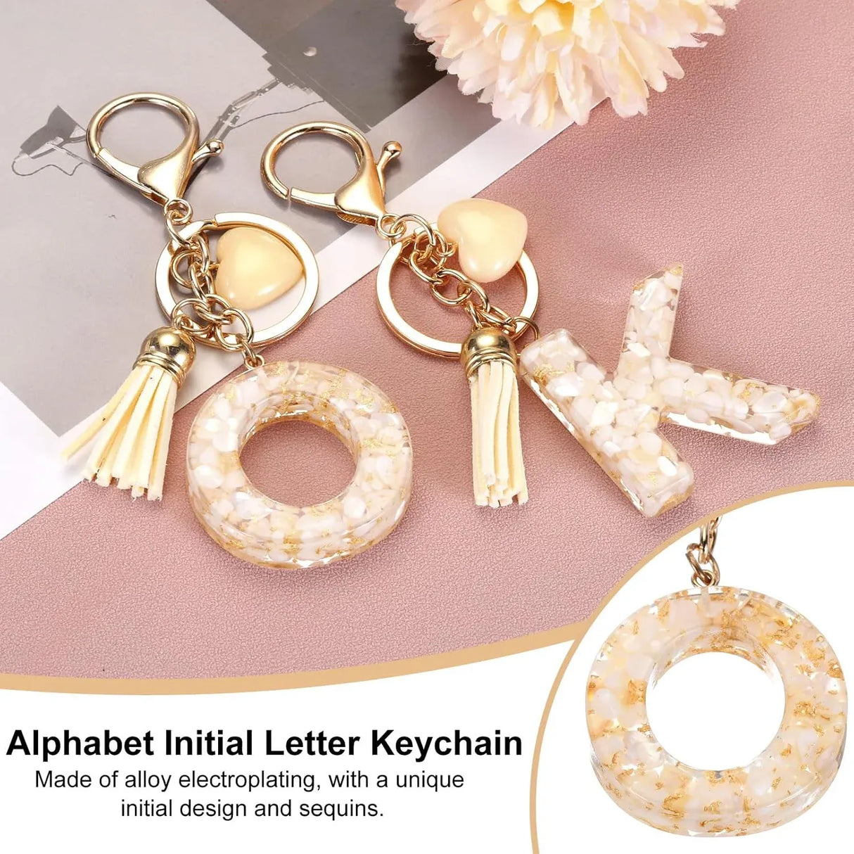 Resin Circle Keychain with Tassel and Lobster Clasp for Women Bags and Car Keys Cream Gold Tone, Letter O Option