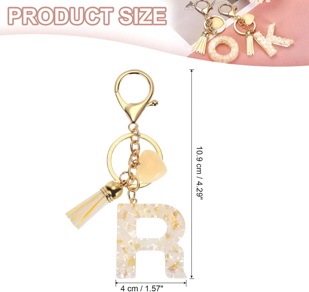 Letter R Keychain with Tassel and Gold Tone Clasp for Bags and Keys Cream White, Daily Comfort Use, for Men Women and Everyday Wear