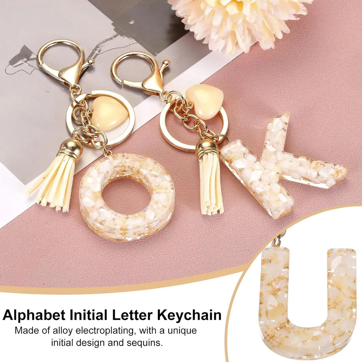 Letter U Keychain with Tassel and Lobster Clasp for Bag Purse Keys, Cream Gold, Daily Comfort Use, for Men Women and Everyday Wear