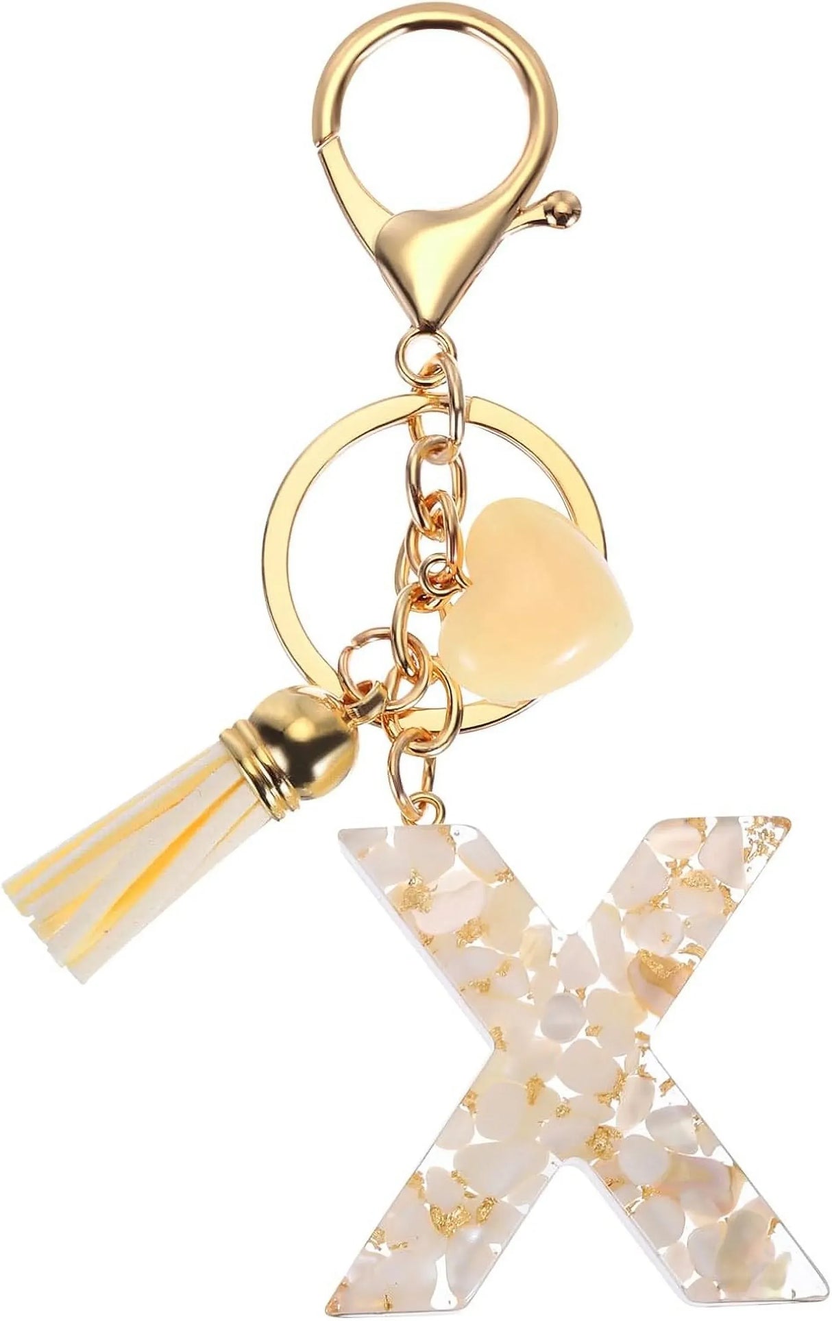 Letter X Keychain Charm with Tassel and Bead, Gold Tone Initial Bag Pendant for Keys and Handbags, Cream White