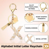 Letter X Keychain Charm with Tassel and Bead, Gold Tone Initial Bag Pendant for Keys and Handbags, Cream White