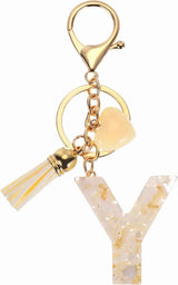 Initial Letter Keychain with Tassel and Lobster Clasp for Bags Keys and Gifts, Y, Cream and Gold, Letter Y Option