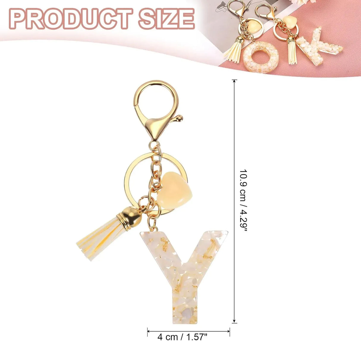 Initial Letter Keychain with Tassel and Lobster Clasp for Bags Keys and Gifts, Y, Cream and Gold, Letter Y Option