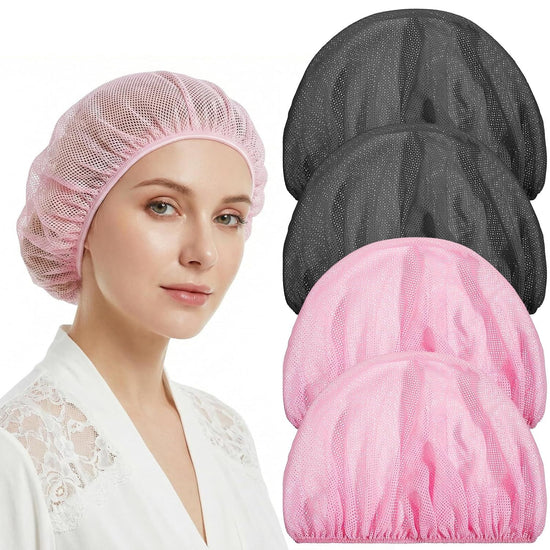 4 Pcs Mesh Sleep Bonnets for Women, Elastic Hair Nets for Sleeping and Hair Drying, Colorful Pink and Black, Daily Comfort Use